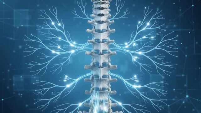 3D Animation of Human Spine and Nervous System Medical Anatomy Sci Fi Blue Background
