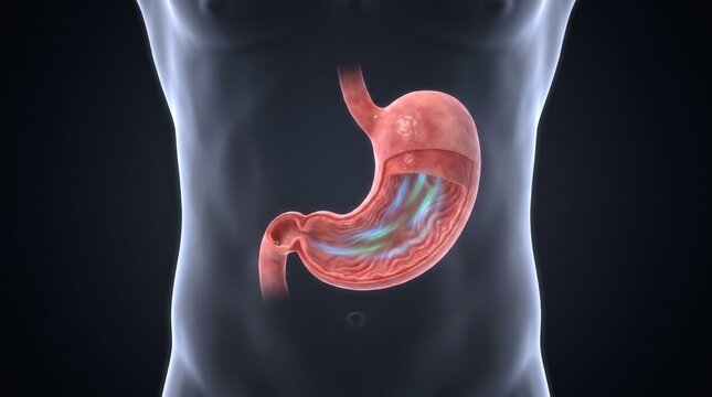 Detailed 3D medical visualization of the human stomach showing the esophagus, gastric wall, internal folds, pyloric region, and connection to the duodenum, ideal for gastroenterology, digestive health