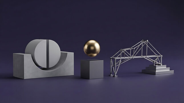 A 3D minimalist composition featuring a grey concrete semi-circle, a floating golden sphere on a dark cube, and a metallic truss bridge structure on a solid dark purple background