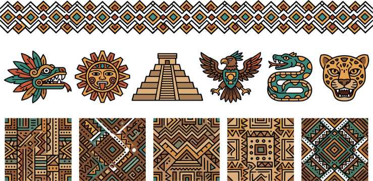 Aztec and Mayan culture design elements vector set with ancient icons seamless patterns and borders