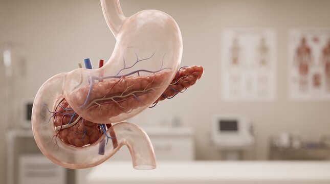 Professional 3D medical visualization of the human pancreas within the upper abdominal cavity, showing its anatomical relationship with the liver, stomach, spleen, gallbladder, and intestines, ideal f