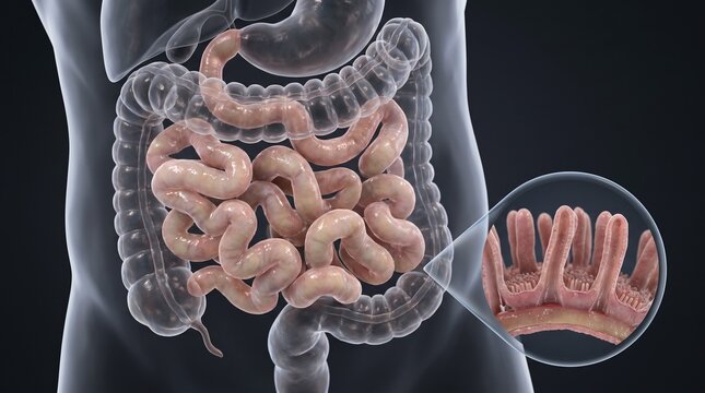 Detailed 3D medical illustration of the human small intestine with enlarged intestinal villi and microvilli, visualizing the specialized surface responsible for nutrient absorption, ideal for biology 