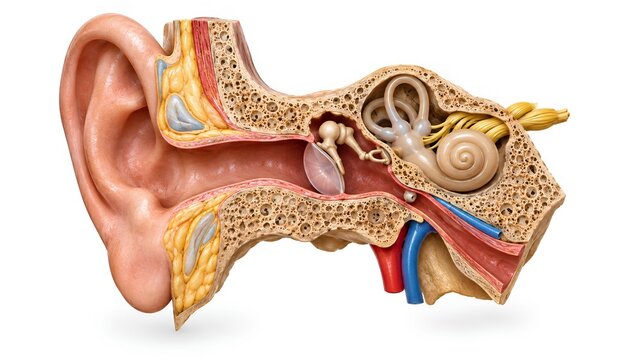 Highly detailed 3D anatomical visualization of the human ear, showing outer, middle, and inner ear structures in clean medical education style with realistic textures and depth.