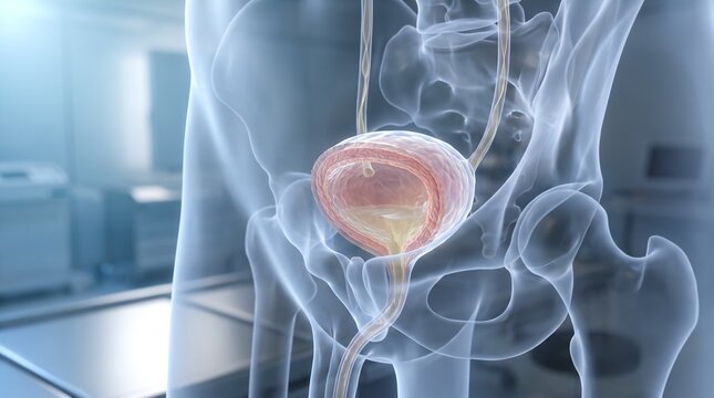 Professional 3D medical illustration of the human urinary bladder showing the bladder wall, ureters, urethra, pelvic structures, and internal anatomy, ideal for urology education, urinary health, anat