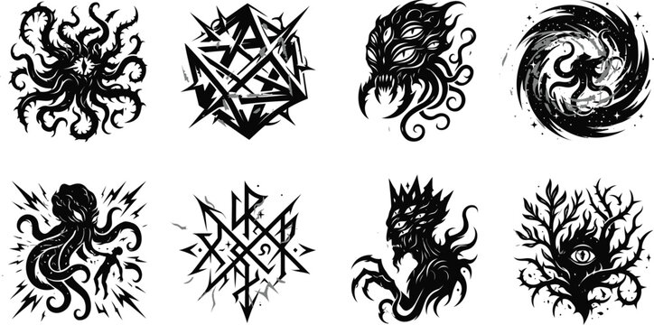 Cosmic Horror Eldritch Monsters and Occult Sigils Vector Icon Set