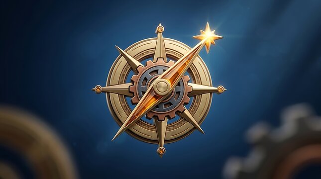Steampunk golden compass with gears, nautical navigation instrument on blue background, vintage brass compass for travel and exploration