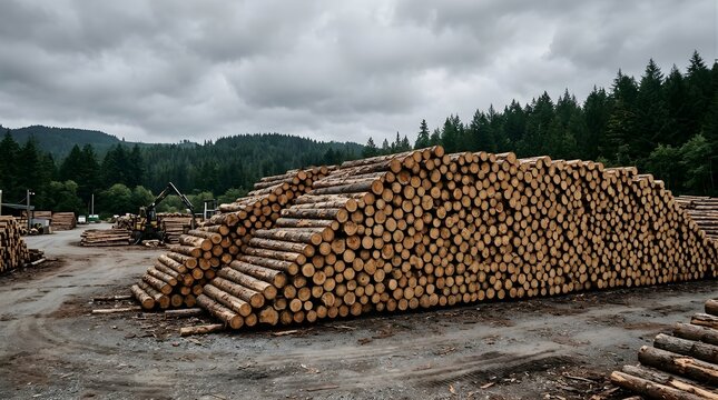 Large pile of harvested timber logs at a rural lumber yard in forest