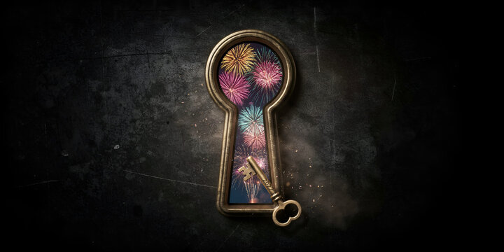 Antique key unlocking vibrant fireworks display through a keyhole