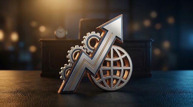 Metallic business growth arrow with gears and globe. Financial success and global expansion concept. Industrial progress symbol.