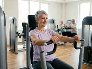 Fototapeta premium Happy senior woman exercising on chest press machine in modern gym, promoting active lifestyle and healthy aging for elderly people in a fitness center.