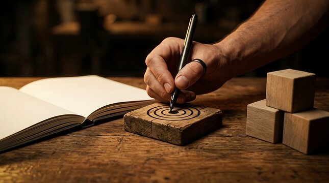 Rustic wooden desk with hand drawing target symbol. Artisan workspace with notebook and wood blocks. Creative planning and goal setting concept.