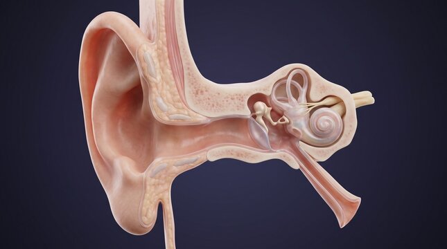 Highly detailed 3D medical illustration of human ear anatomy showing the external ear, middle ear, ossicles, cochlea, inner ear, and auditory structures, ideal for audiology, ENT education, hearing sc
