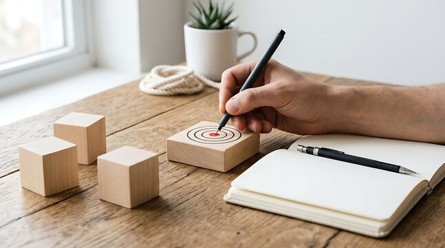 Minimalist business goal setting on wooden desk, hand drawing target on wood block, professional planning and strategy concept