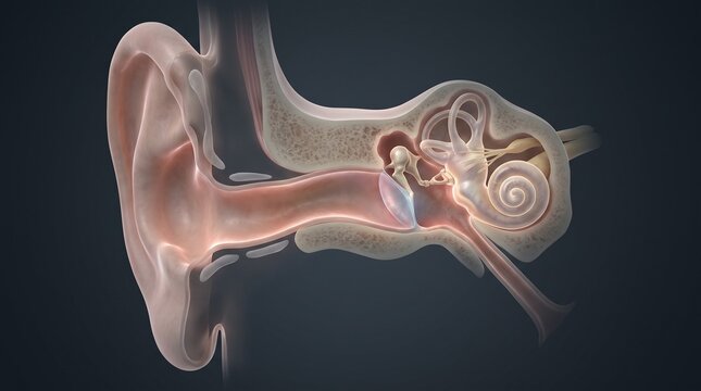 Highly detailed 3D medical illustration of human ear anatomy showing the external ear, middle ear, ossicles, cochlea, inner ear, and auditory structures, ideal for audiology, ENT education, hearing sc