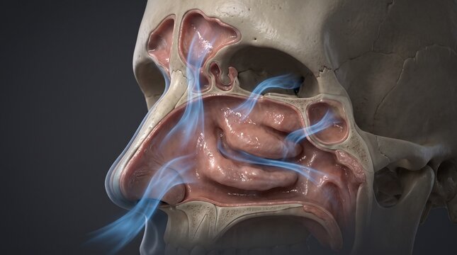 Professional 3D medical illustration of the human nasal cavity and paranasal sinuses showing internal anatomical structures and airflow through the respiratory passages, ideal for ENT education, sinus