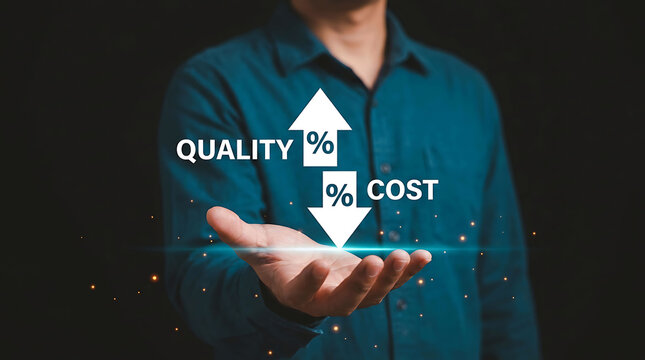 Man presenting concept of high quality and low cost business optimization