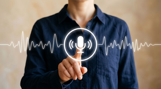 Person interacting with a digital voice assistant interface and sound wave graphic