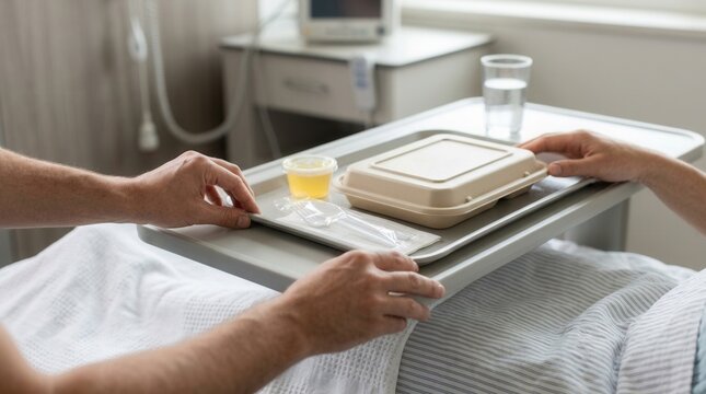 Hospital meal tray delivered to patient in bed, concept of healthcare and recovery