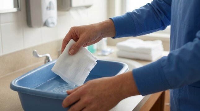 Healthcare worker moistening compress in basin for patient care, emphasizing hygiene and comfort.