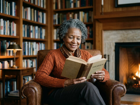 Smiling Senior African American Woman Reading a Storybook in a Cozy Home Library with Fireplace and Bookshelves Background Interior Scene