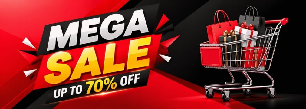 Mega sale promotional banner with shopping cart full of gift boxes on red and black background