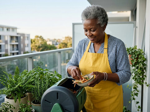 Happy Senior African American Woman Adding Vegetable Scraps to a Rotating Compost Bin on her Urban Apartment Balcony for Sustainable Living Concept