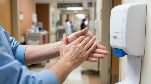 Healthcare worker sanitizing hands with automatic dispenser in hospital corridor, promoting hygiene and infection control.