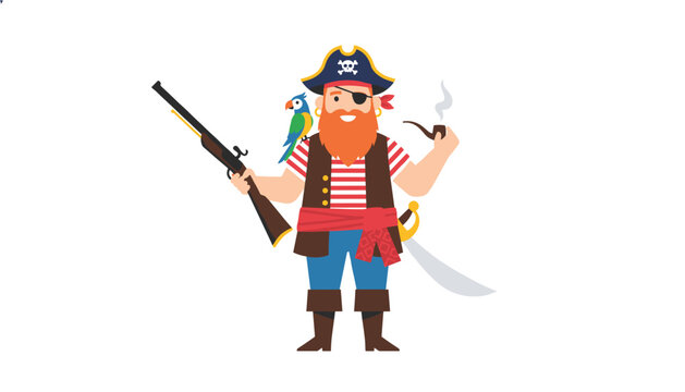 Red-bearded cartoon pirate captain with a colorful parrot on his shoulder holding a vintage rifle and smoking a pipe.