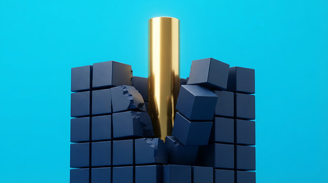 A golden cylinder smashing through a solid wall of dark blue cubes on a bright blue background, representing power, disruption, and breaking through obstacles in a environment