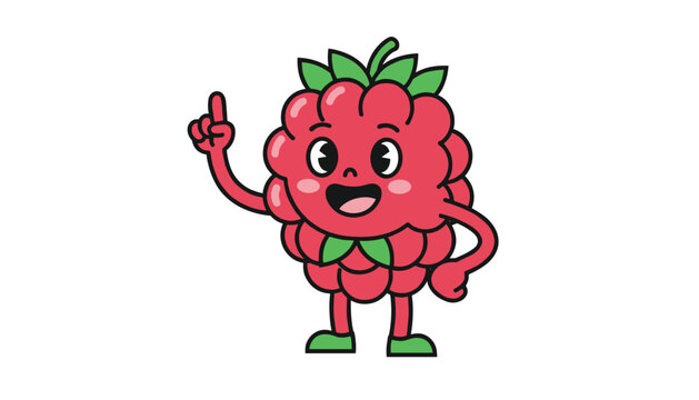 Red raspberry cartoon character with green leaves standing and pointing a finger up with a cheerful expression.