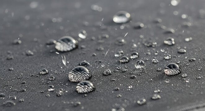 Raindrops settle on a dark gray fabric. The water droplets reflect light, creating a shimmering effect.