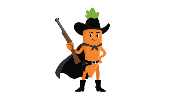 Cool carrot cowboy cartoon character wearing a black hat and cape holding a vintage rifle on a white background.