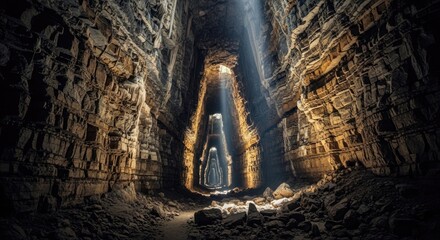 Fototapeta premium A dramatic photograph captures the interior of a vast, ancient cave. A narrow passage leads into a massive chamber, illuminated by shafts of sunlight piercing through the rock above.
