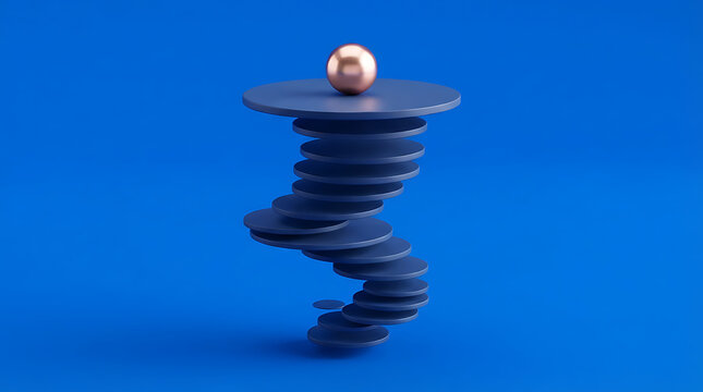 A metallic rose gold sphere balanced atop a spiraling stack of dark blue circular discs, set against a vibrant solid blue background, representing concepts of equilibrium and stability