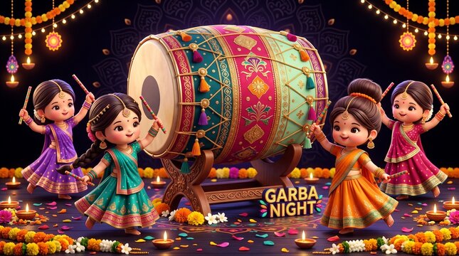 Cute cartoon kids celebrating garba night with traditional dhol