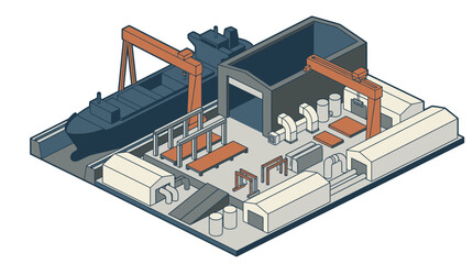 Obraz premium Industrial Isometric of a Factory Floor with Orange Cranes Machinery and Workstations with high quality professional line art symbols for modern creative design and digital branding projects