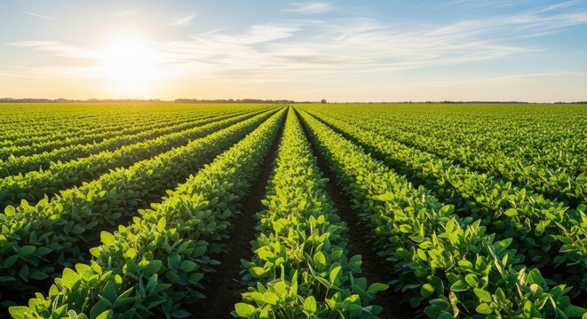 A vibrant green soybean field stretches into the distance under a bright, sunny sky. Rows of plants are neatly aligned, creating a linear pattern.