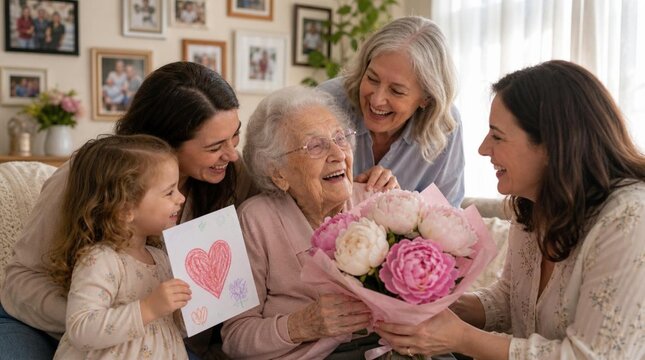 Four generations of women embracing and laughing together in bright living room, elderly grandmother receiving pink peonies bouquet and handmade heart card from smiling family members, joyful
