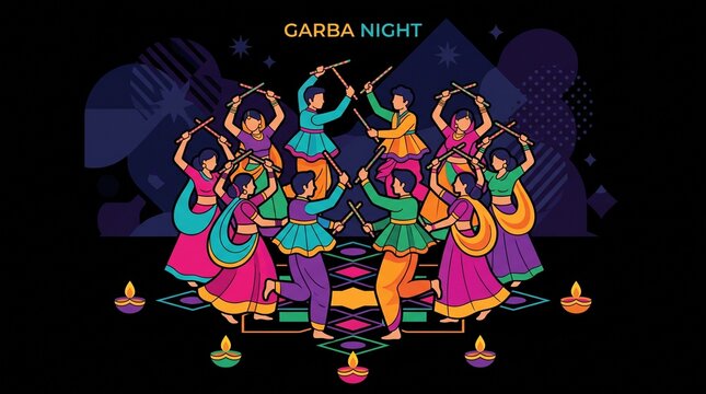 Group of people dancing garba with dandiya sticks for navratri