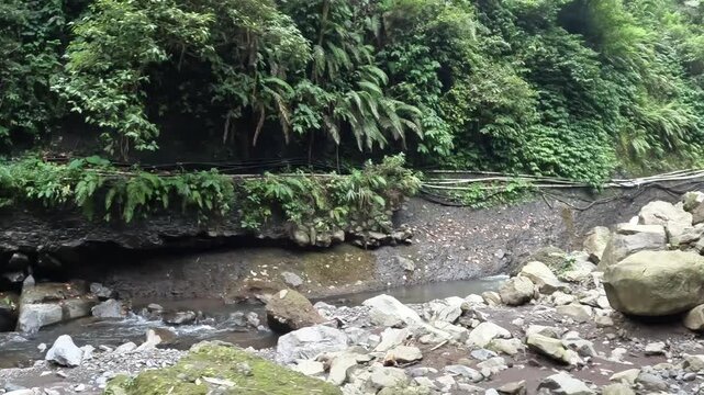 Footage while walking through lush foliage forest and river to visit Madakaripura waterfall in East Java, Indonesia.