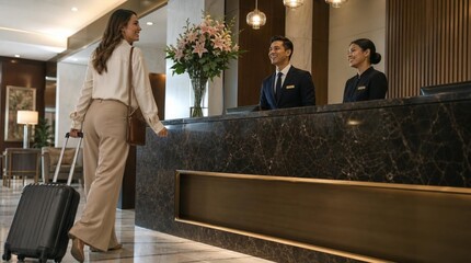 Fototapeta premium Smiling female guest with luggage approaching a marble hotel front desk where a professional receptionist team in uniform greets her with a warm welcome in a luxury lobby interior.