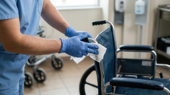 Healthcare worker in blue scrubs and gloves sanitizes wheelchair arms with a wipe, promoting hygiene and safety in medical settings.