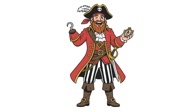 Jolly pirate captain with a hook hand and mustache smiling while holding a gold compass on a white background.