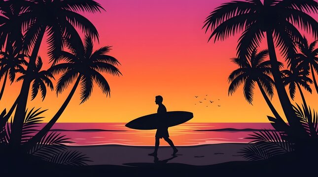 Silhouette of a surfer walking with a surfboard at sunset on a tropical beach