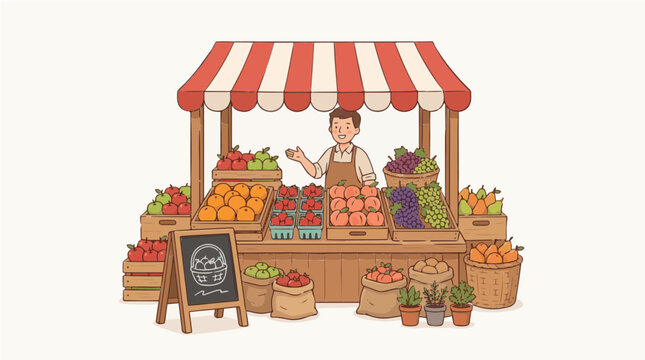 Friendly Seller Presenting Fresh Fruits at Market Stall Vector Illustration