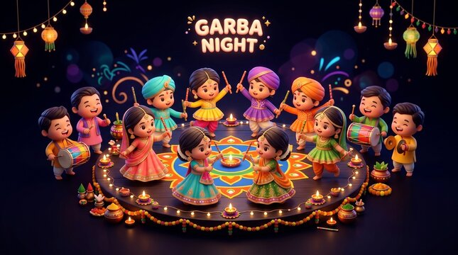 Cute cartoon children dancing garba on festive stage