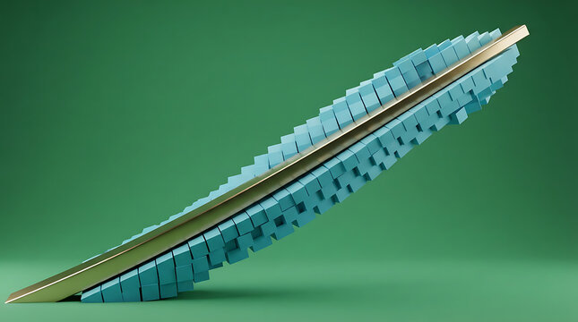 Abstract 3D render of a long golden metallic rod penetrating a dense formation of small light blue cubic blocks, positioned on a solid green background, minimalist geometric composition
