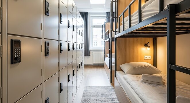 A bright, modern room features a bunk bed with neatly made white bedding and a small bedside table. Rows of gray lockers line the walls, each with a digital keypad lock.