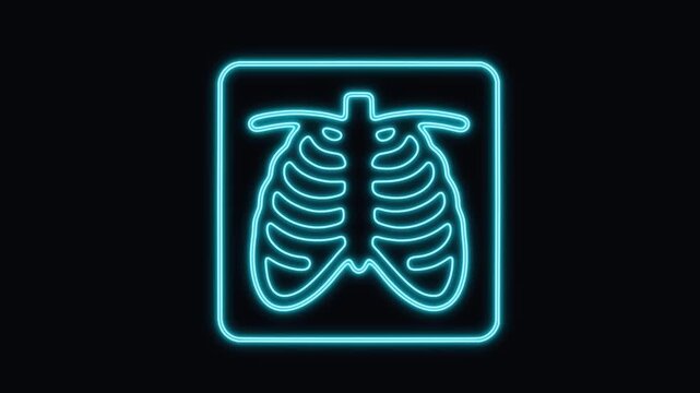 Chest X-ray neon icon displays human ribcage bones on a dark background.
