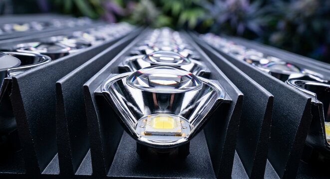 Modern grow light array featuring multiple LED diodes and optical lenses inside a metallic heat sink